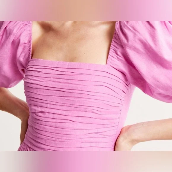 Abercrombie & Fitch Emerson Linen-Blend Puff Sleeve Midi Dress in Pink Size L - Picture 2 of 16